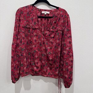 Loft Women’s Red Floral Smocked Peasant Cinched Waist Blouse XL Artsy Office